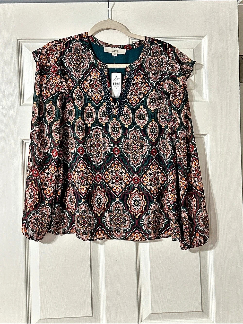 LOFT Medallion Paisley Ruffle Split Neck Blouse